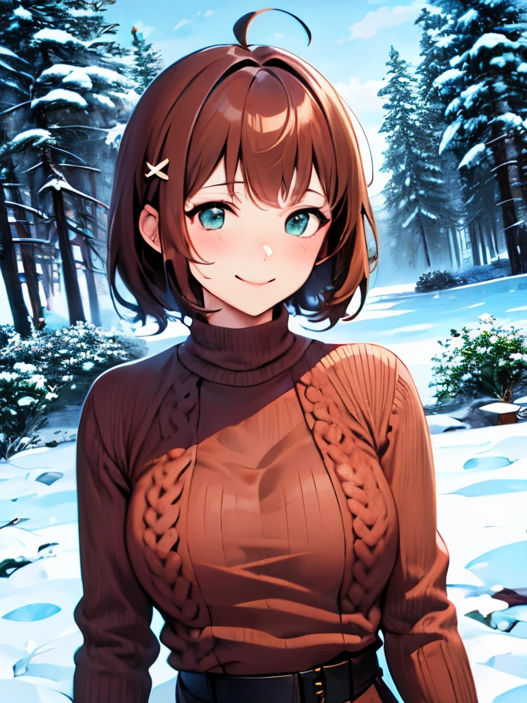 {{{{masterpiece}}}}, {{{ super detailed}}}, {{{ high definition }}}, {{Good anatomy}}, ((( best quality))), ((Anime Style, anime characters)),(((Green Eyes, brown hair))), natural scenery  ,Big perfect eyes,(((winter sweater ))),   red sweater,  hair clips, {8kCG wallpaper }, {{Illustration,Top shot}},(( Short Bang |Mid-length hair|)),smile,( 1 girl:1), Alone, (chromatic aberration:1.2), little shy smile,Bright blushing face,Beautiful face,