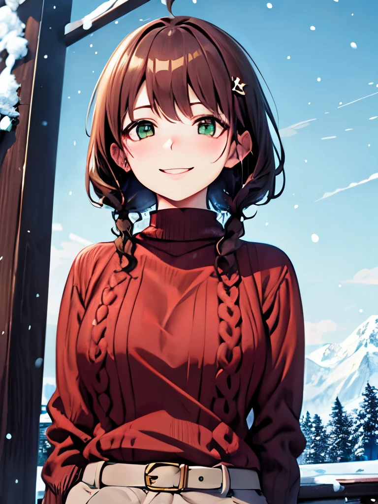 {{{{masterpiece}}}}, {{{ super detailed}}}, {{{ high definition }}}, {{Good anatomy}}, ((( best quality))), ((Anime Style, anime characters)),(((Green Eyes, brown hair))), natural scenery  ,Big perfect eyes,(((winter sweater ))),   red sweater,  hair clips, {8kCG wallpaper }, {{Illustration,Top shot}},(( Short Bang |Mid-length hair|)),smile,( 1 girl:1), Alone, (chromatic aberration:1.2), little shy smile,Bright blushing face,Beautiful face,