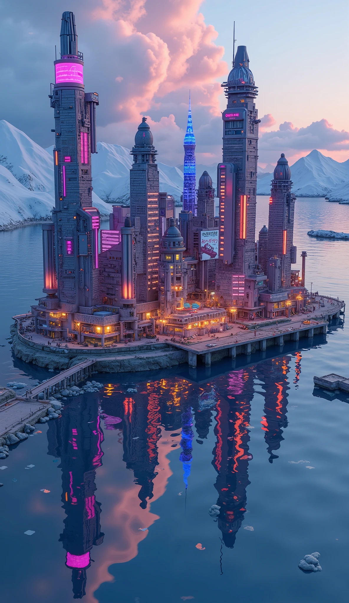 (masterpiece:1.2, best quality, ultra high resolution, Very detailed, best illustrations),8k, wallpaper,The city reflected on the surface of the water,(水面に移る Cyberpunkな都市:2.0),( Isometric 3D Illustration :2.0),Game world,( steampunk:2.0),( Cyberpunk:2.0),anime, searchlight ,neon,night,The giant ferris wheel that shines in seven colors,Japan, Blade Runner , STYLISH,( Rainbow Colors :2.0),port,Yokohama