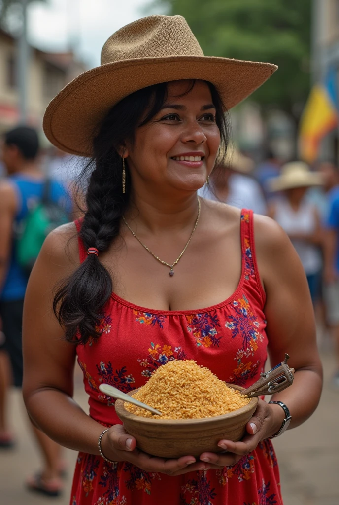 Llama from Peru eating Colombian arepas in Argentina dressed in Brazilian dance costume