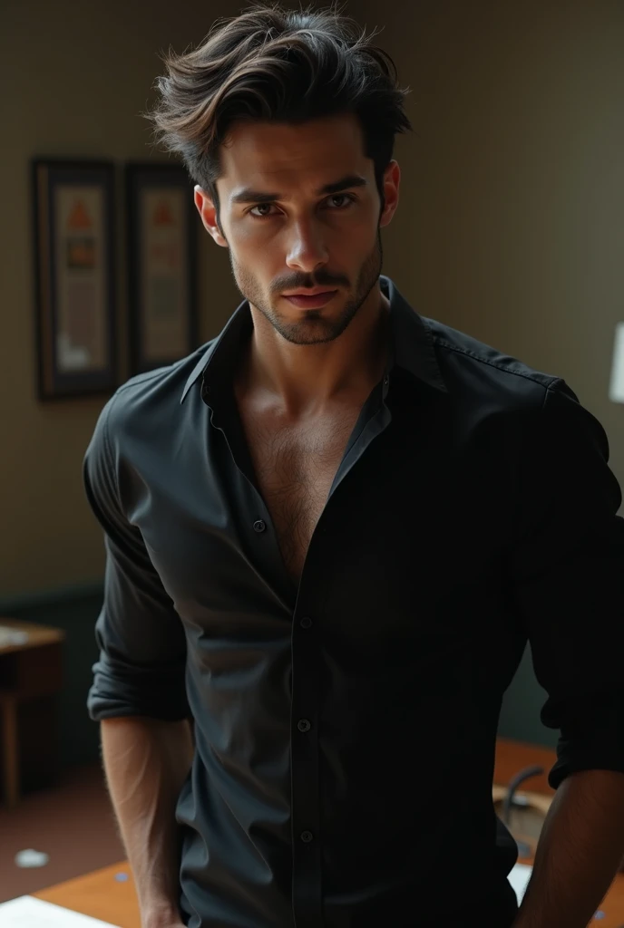 A full-body image of a handsome young man with a toned physique, standing confidently. He has a chiseled jawline, tousled hair, and a smoldering expression. He’s dressed in a fitted, stylish outfit that accentuates his build, with his shirt slightly unbuttoned. The background is minimalist, drawing attention to his striking features and intense gaze.