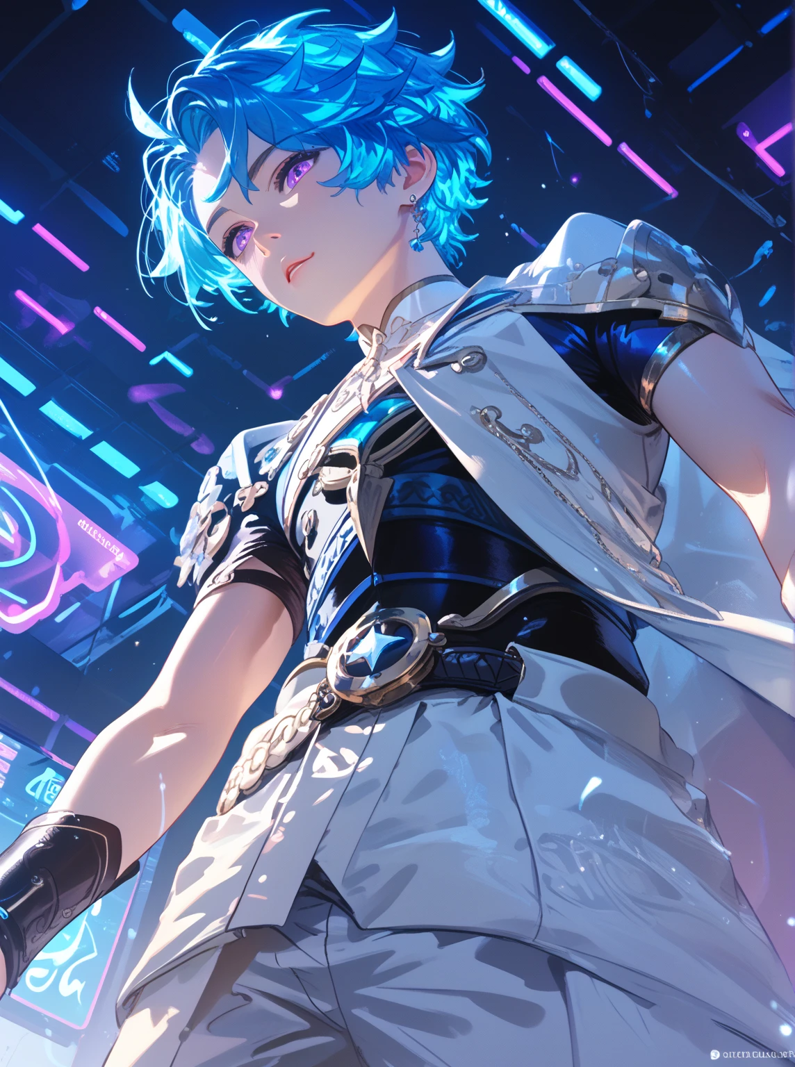 1boy, neon blue hair, glowing purple eyes,, from below, masterpiece, best quality