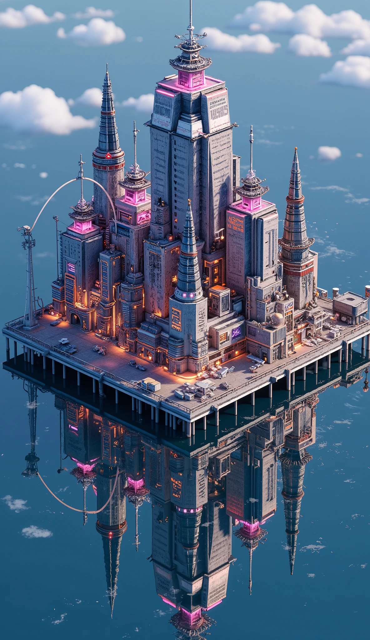 (masterpiece:1.2, best quality, ultra high resolution, Very detailed, best illustrations),8k, wallpaper,The city reflected on the surface of the water,(水面に移る Cyberpunkな都市:2.0),( Isometric 3D Illustration :2.0),Game world,( steampunk:2.0),( Cyberpunk:2.0),anime, searchlight ,neon,night,The giant ferris wheel that shines in seven colors,Japan, Blade Runner , STYLISH,( Rainbow Colors :2.0),port,Yokohama