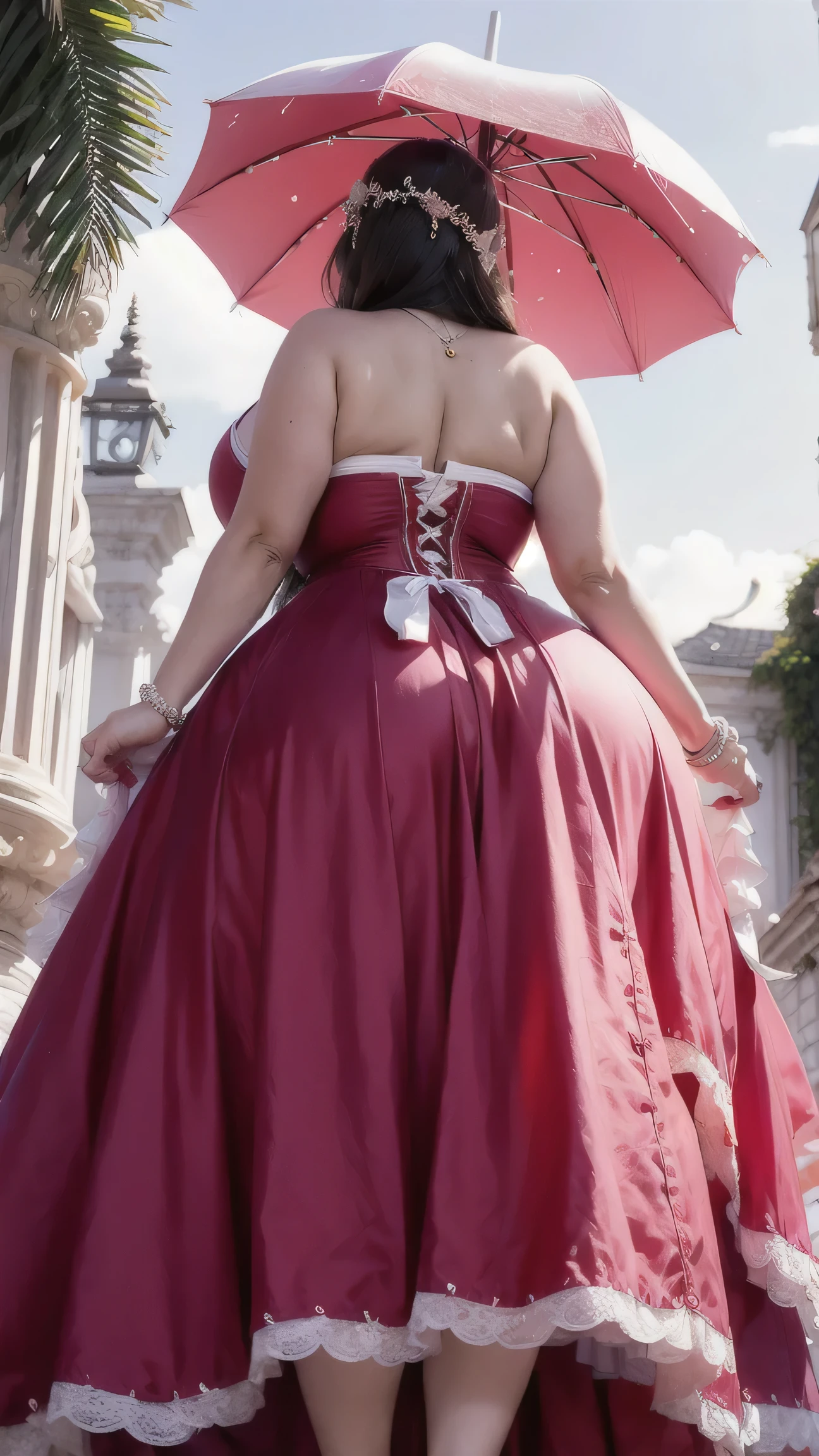 POV from behind, half zipped back shoulder,Middle-aged French tall and thick woman with Red umbrella，seen from behind very tall and big woman,French faces, smiling and jumping,, beautiful diamond crown, realistic crown,Delicatemakeup，curvesious body tall and thick woman,Sexy and feminine，grin，Wrinkles at the corners of the eyes，with long braided hair，pink Gothic bride dress，full angel dress,loose skin，Large sagging breasts，Towering breasts，Thin waist with wide hips，White pearl Necklace,White heels，Tall and tall，Stand up，Open posture, beautiful Red umbrella, POV from behind 