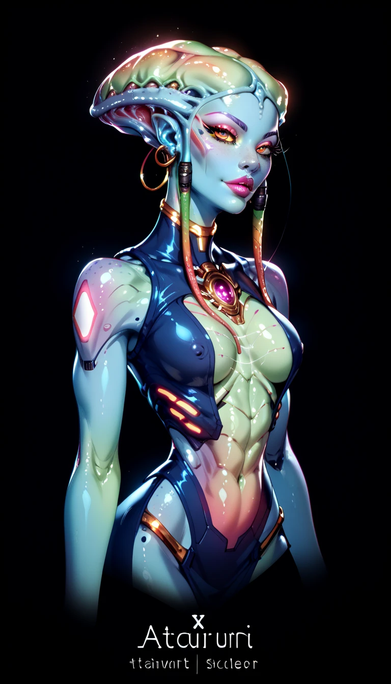 Ancient Extraterrestrial Creature, Alien Being, ((Non-Human)), Female seductive Alien, colorful skin, Revealing Glowing Biopunk, Futuristic Alien clothes, Seductive Alien technology, Black Background, Character Design Sheet