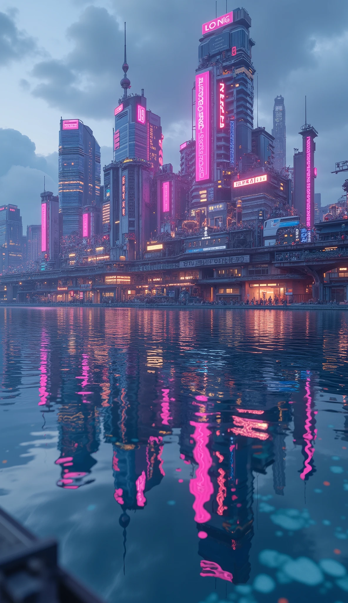 (masterpiece:1.2, best quality, ultra high resolution, Very detailed, best illustrations),8k, wallpaper,The city reflected on the surface of the water,(水面に移る Cyberpunkな都市:2.0),( Isometric 3D Illustration :2.0),Game world,( steampunk:2.0),( Cyberpunk:2.0),anime, searchlight ,neon,night,The giant ferris wheel that shines in seven colors,Japan, Blade Runner , STYLISH,( Rainbow Colors :2.0),port,Yokohama