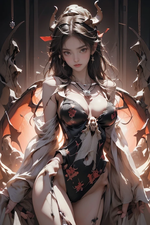 A Strawberry, ((Masterpiece, top quality, high resolution, highly detailed CG unified 8K wallpaper)), (huge stunning goddess shot, very hot and sexy, jaw-dropping beauty, perfect proportions, beautiful body, slim body beauty:1.3), (dynamic pose, dynamic composition),(demon skull head necklace:1.5),