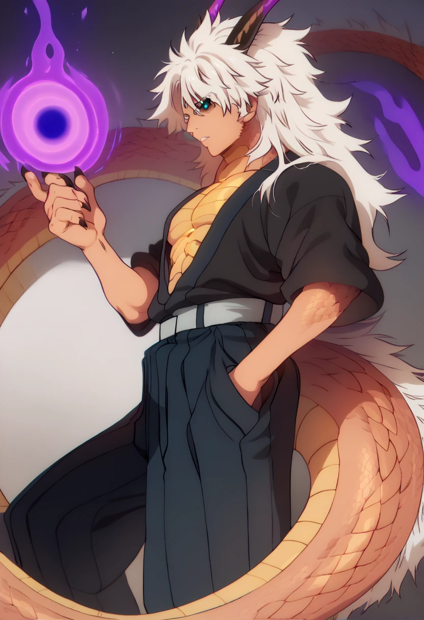 Solo, tanned dragon man, bara, with white hair, fluffy messy hair, long unruly hair, dragon horns, black scales, long tail, black sclera, heterochromia, magenta eye, teal eye, abyssal power ,buff, black hole aesthetic , gradient skin, claws, angled from yhe side, looking at camera, hakama pants, ((multiple hues: purple, magenta, teal, blue)), super tired, abyssal magic