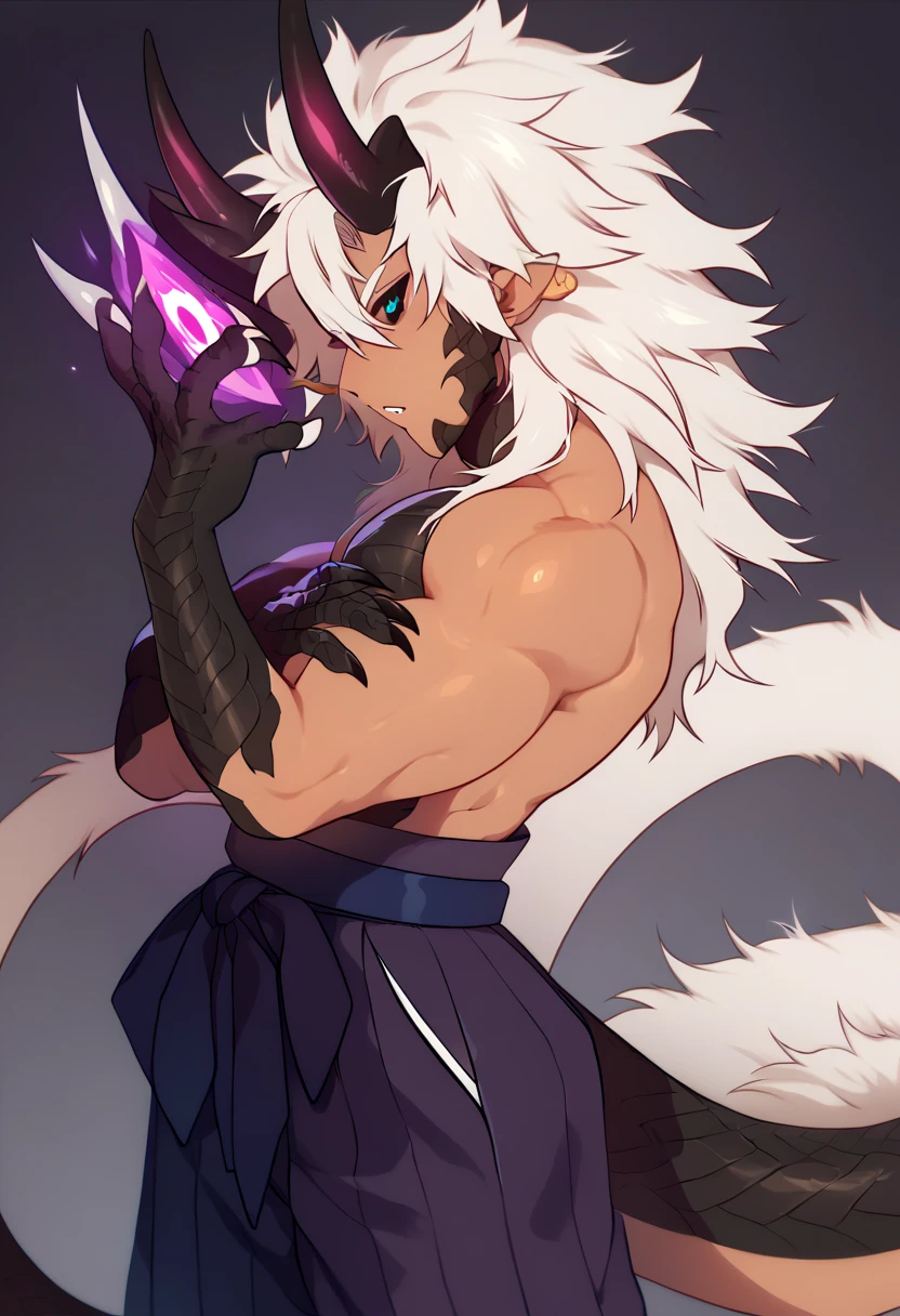 Solo, tanned dragon man, bara, with white hair, fluffy messy hair, long unruly hair, dragon horns, black scales, long tail, black sclera, heterochromia, magenta eye, teal eye, abyssal power ,buff, black hole aesthetic , gradient skin, claws, angled from yhe side, looking at camera, hakama pants, ((multiple hues: purple, magenta, teal, blue)), super tired, abyssal magic