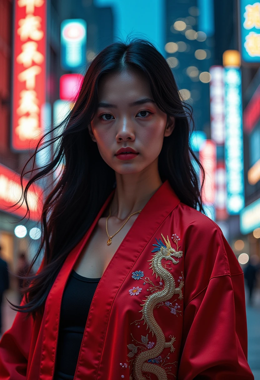 sukajan, Photo of a woman wearing sukajan jacket, red jacket, long black hair, modern city background, cyberpunk vibe