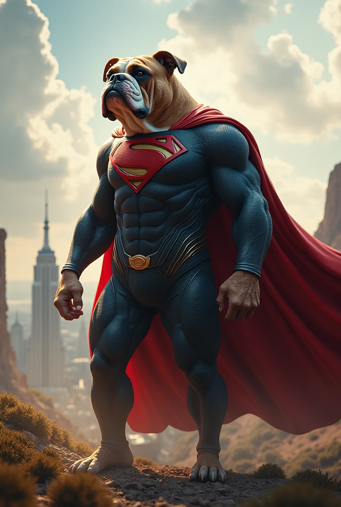 Create a strong dog like Superman with a handsome face.
