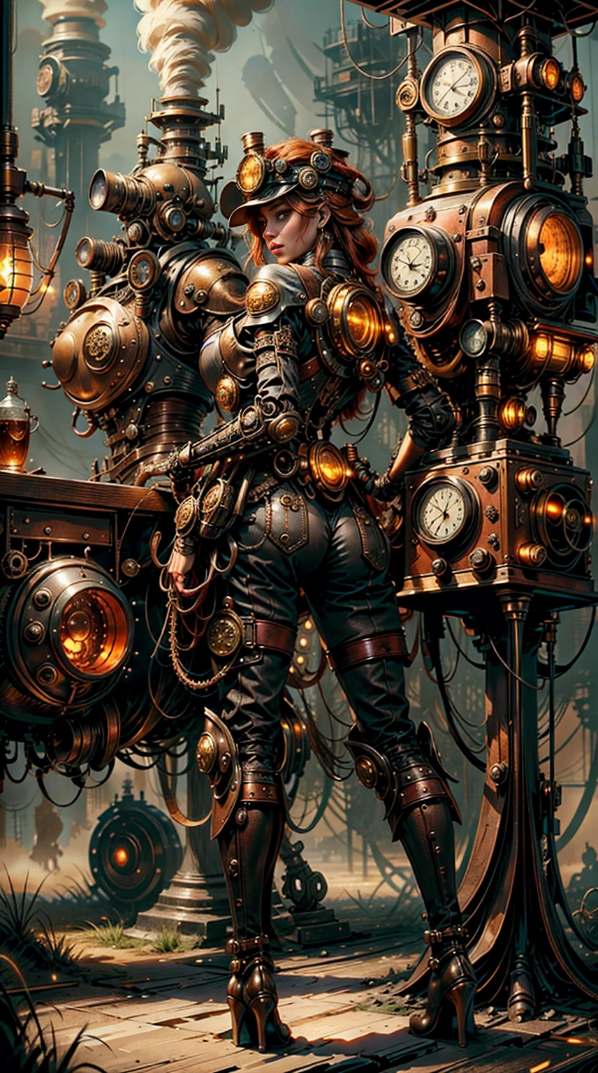 Sexy redhead female with a steampunk aesthetic, dusky skin, and a royal appearance, wearing a helmet. A full-body view from top to bottom, standing with her back turned to the camera while glancing over her shoulder. The female character has realistic and proportionate anatomy with no exaggerated features. The scene features a dark, smoky, fog-filled background. She is adorned with intricate mechanical and steampunk elements, with detailed gold and copper components. The art style blends steampunk, dieselpunk, and cyberpunk themes with a fantasy twist. Rendered as highly detailed digital art in 4K resolution, with a focus on vibrant sci-fi steampunk aesthetics and a dramatic atmosphere.