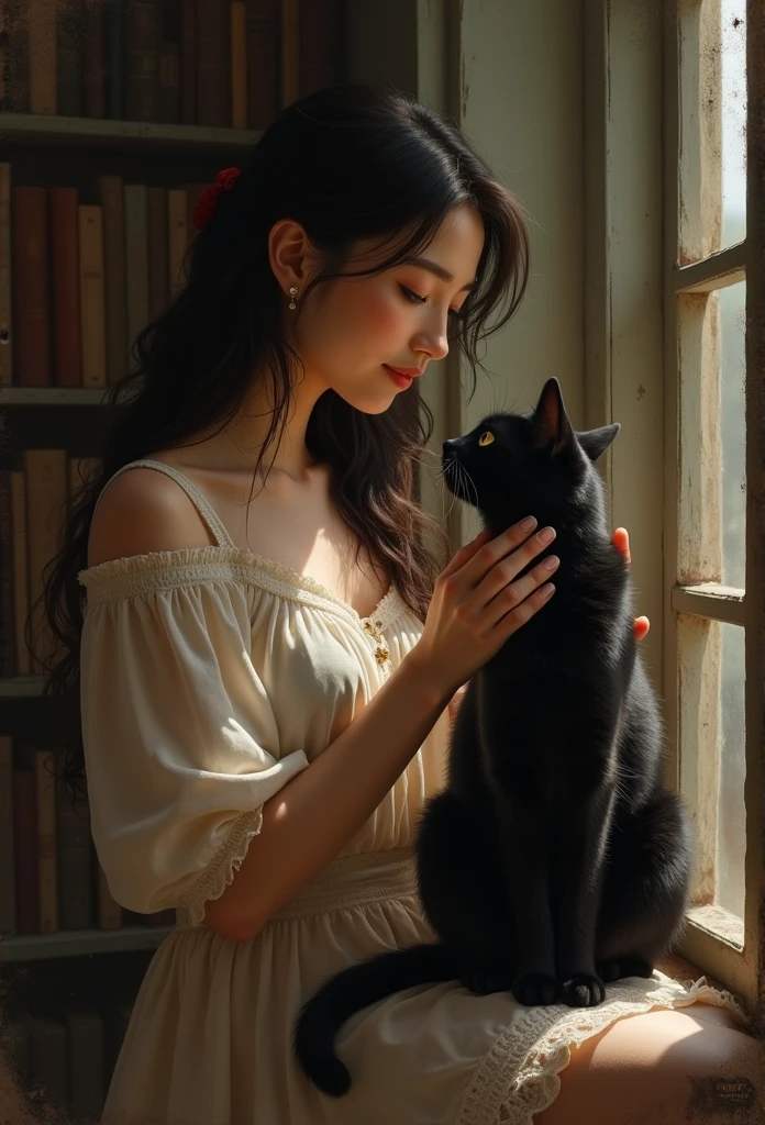 Isabella petting a black cat