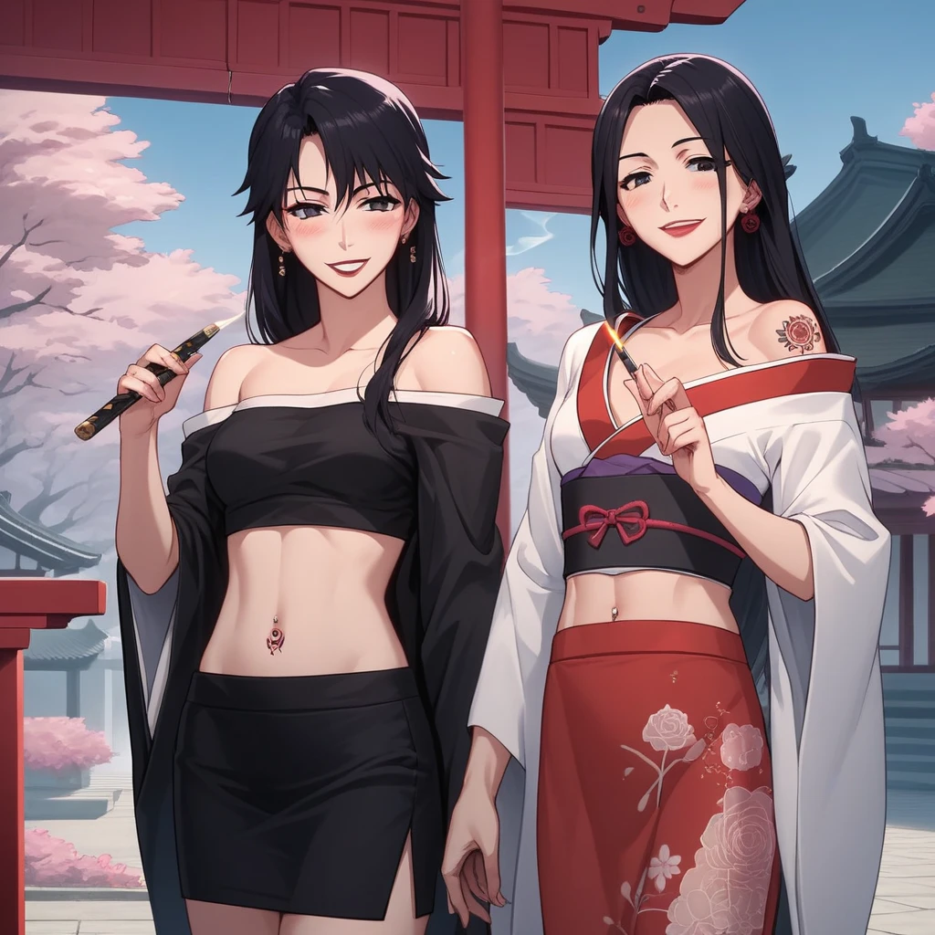 1girl, two girls, anime girls,  ear piercing, long hair, blush, lipstick,Hot girl, baddie, smoking, sensual, attractive ,masterpiece, best quality, highly detailed, a anime girl in kimono dress ,holding sword, bare shoulder,open kimono, evil smile, open mouth, crop top , (nsfw) not safe for work, smile, ecchi anime style, anime girls, ecchi style, ecchi, digital anime art!!, in anime style, official artwork, visual novel cg, beautiful anime girl, anime style 4 k, kimono pencil skirt, exposed belly, exposed navel, exposed midriff, exposed lower belly, outdoor, japanese architecture, temple, navel piercing, tattoo, tattoo midriff, rose tattoo,