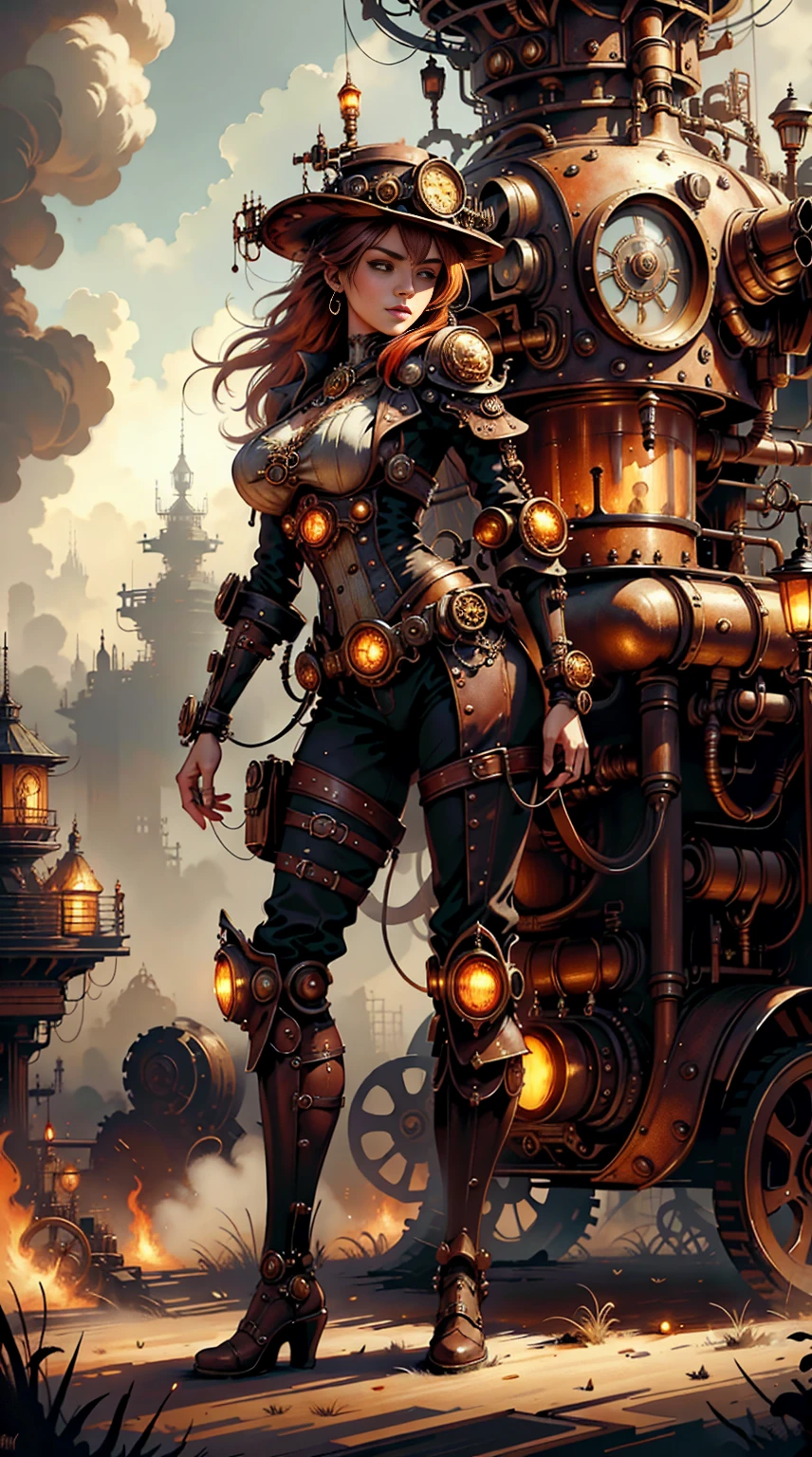 There's a sexzy indian 1woman with a steam-powered dusky skin, with big boobs,Royal look,helmet, arte conceitual steampunk, sexzy full body view top to bottom, stsnding in backview turning camera, random camera anhle,dark smoke fog background,arte steampunk digital, arte steampunk de alta qualidade, Wojtek FUS, arte digital steampunk, detailed wild steampunk illustration, Portrait of a gold and copper mechanical woman, arte steampunk, estilo de arte dieselpunk, cyberpunk steampunk, estilo de fantasia steampunk, Arte digital altamente detalhada em 4k, sci-fi steampunk