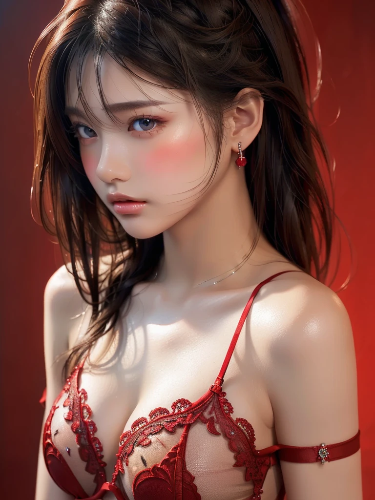 Close-up, (neon, night view, Dutch angle, from above, strapless: 1.3), masterpiece, top quality, raw photo, photorealistic, off-shoulder, red lace dress, red choker, reddish-purple eyes, up, upper body, cleavage, face light, shiny skin, film grain, chromatic aberration, absurdity, high resolution, ultra detail, detail, detailed eyes and face, sharp pupils, realistic pupils, sharp focus, sexy inviting pose, crotch opening, full body, posing to take pictures, sweating, wet skin, shy, red cheeks, embarrassed, full body wet, lying down, disheveled, whole body wet, whole body in the picture, thin and beautiful long legs