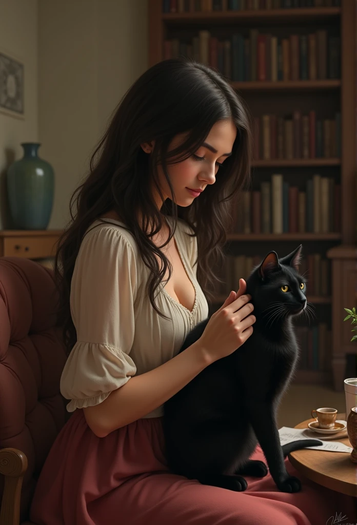 Isabella petting a black cat