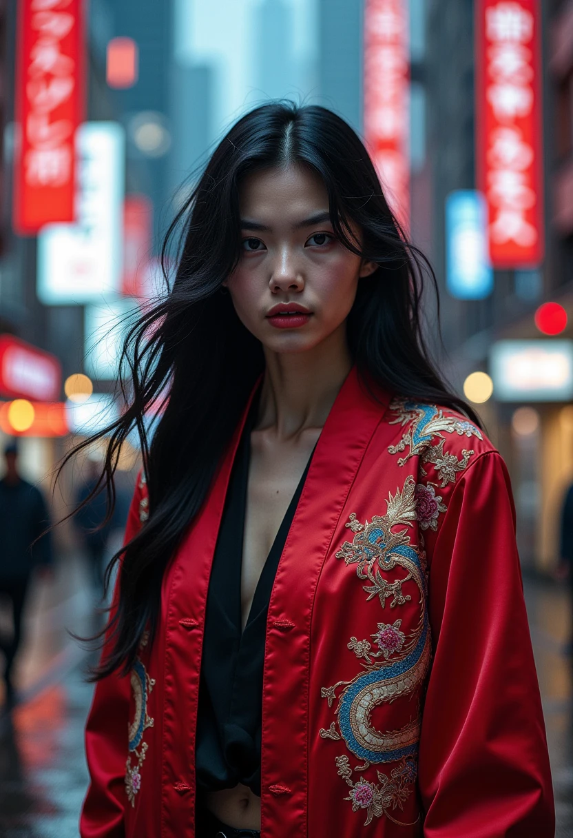 sukajan, Photo of a woman wearing sukajan jacket, red jacket, long black hair, modern city background, cyberpunk vibe