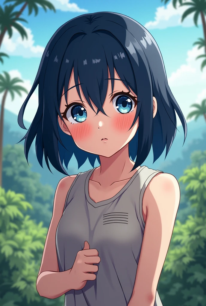1girl, bangs, bob cut,black hair, short hair, sundress, sunlight,upper body, sweat,looking at viewer, white dress, hand on own chest,tan, grass,