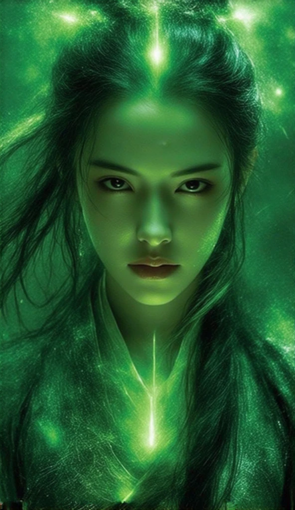 Yai Kham’s floating head, glowing brightly in green light, soars through the dark night sky. Her face is stern yet sorrowful, and her internal organs sway with her movements. She glides above a quiet rice field, with the moonlight reflecting off the water in the paddies. The atmosphere is haunting yet oddly serene, with distant sounds of crickets and owls filling the air.