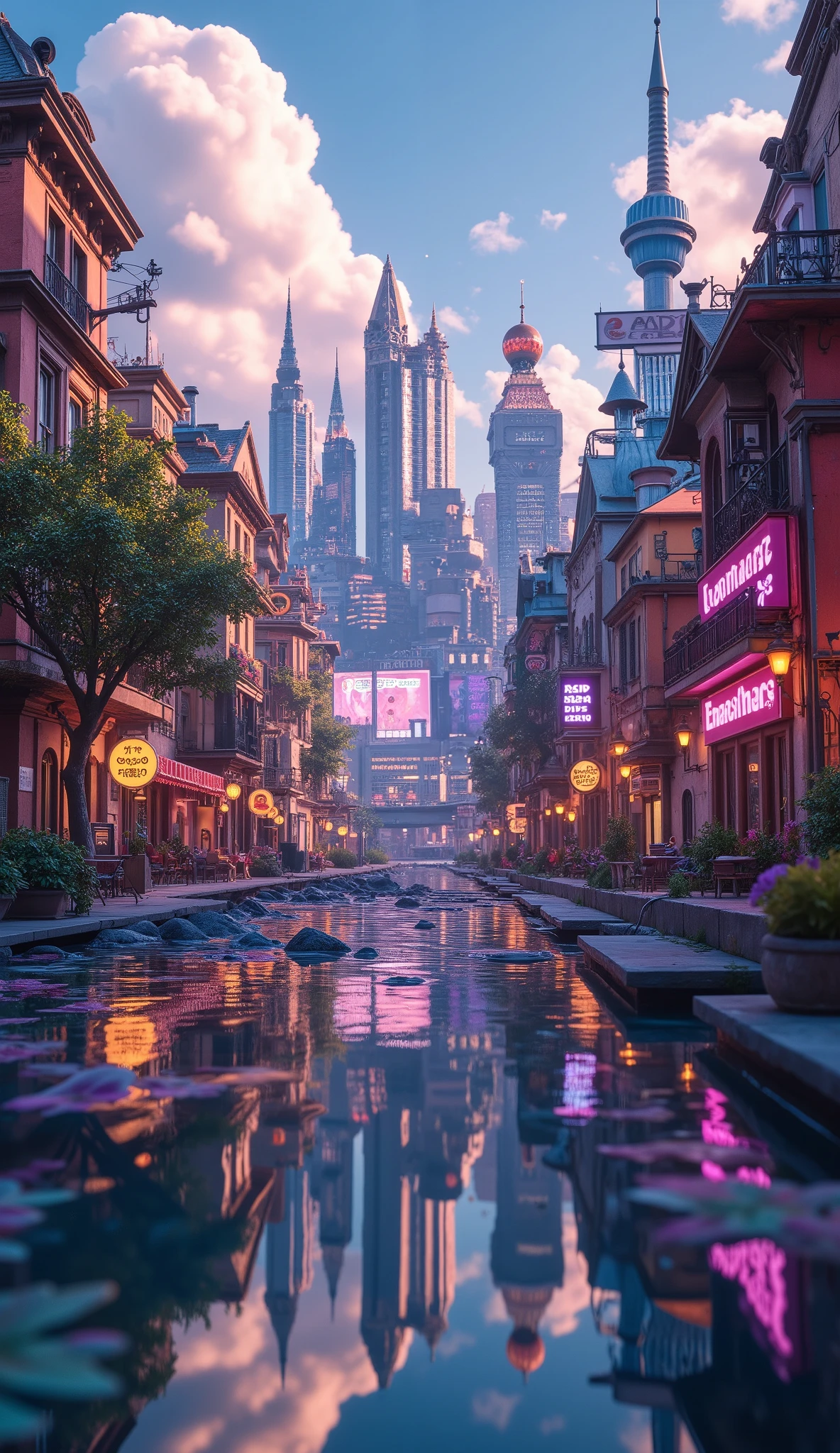 (masterpiece:1.2, best quality, ultra high resolution, Very detailed, best illustrations),8k, wallpaper,The city reflected on the surface of the water,(水面に移る Cyberpunkな都市:2.0),( Isometric 3D Illustration :2.0),Cute design,Game world,( steampunk:2.0),( Cyberpunk:2.0),anime, searchlight ,neon