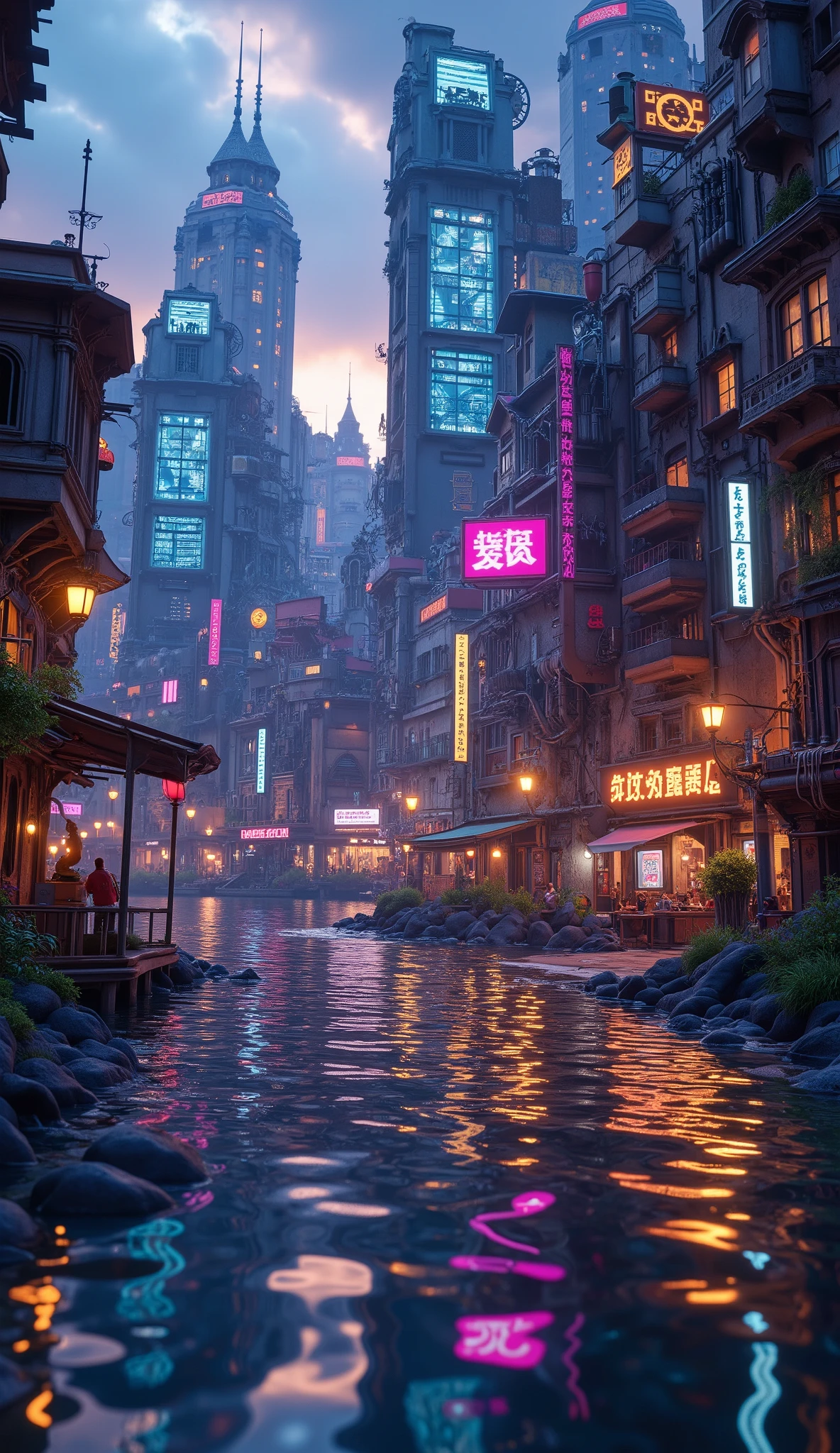 (masterpiece:1.2, best quality, ultra high resolution, Very detailed, best illustrations),8k, wallpaper,The city reflected on the surface of the water,(水面に移る Cyberpunkな都市:2.0),( Isometric 3D Illustration :2.0),Game world,( steampunk:2.0),( Cyberpunk:2.0),anime, searchlight ,neon,night,The giant ferris wheel that shines in seven colors,Japan, Blade Runner , STYLISH,( Rainbow Colors :2.0),port,Yokohama