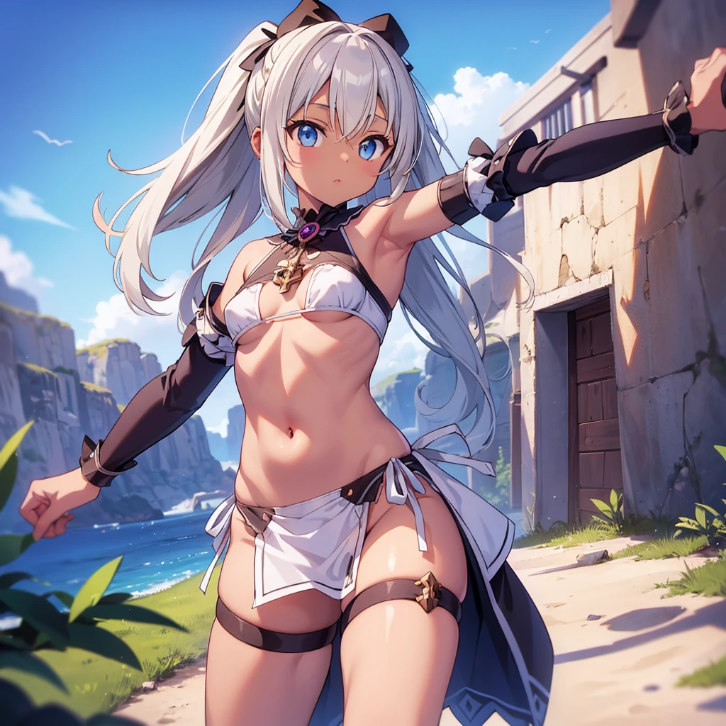 masterpiece, medieval townscape　horizon　Upper body　girl　((((white bikini armor))))), nsfw,　spread legs　hands behind head　clear　blonde two tone hair, 　((((((hair over one eye)))))), Braid Styles, spiked hair, blunt bangs, bob hair, a braid, Ahoge　red eyes　looking at the viewer　　adventurer　((from front)), open mouth, scared, standing, spread legs