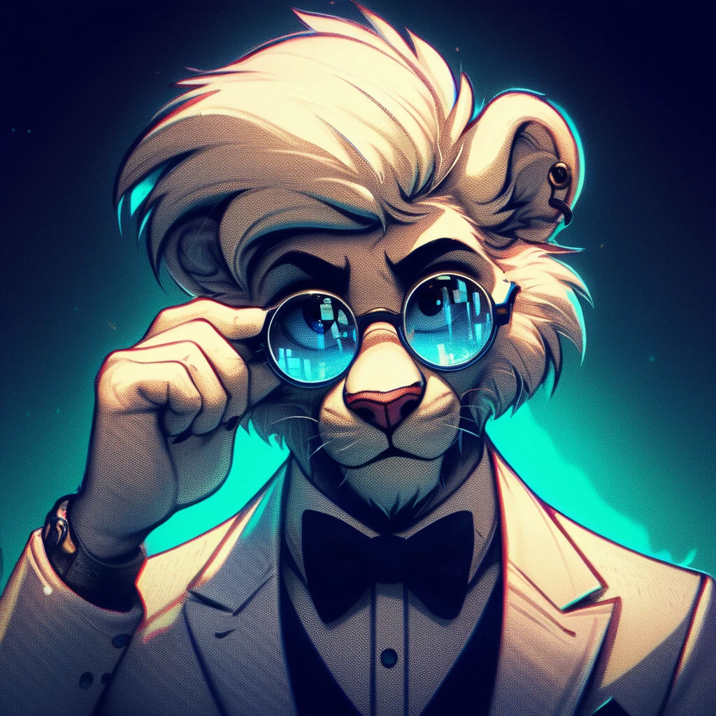 limelight, Detailed,  masterpiece, man, Alone, random furry, Lion, Hairstyle,  wearing a white suit ,  and round , in a room,  filter effect while accommodating your lenses,  with their eyes closed,  lenses on a dimly lit background, with glitch .