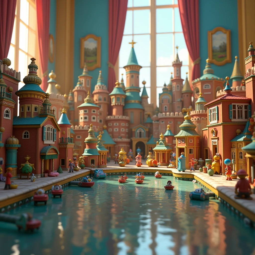 In Pixar style,  a huge unusual toy city , on a large table with various toy men inhabiting it, is reflected in a large house fountain ,  next to which he is ,cool style ,Pixar,a funny shot 