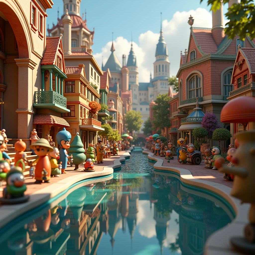 In Pixar style,  a huge unusual toy city , on a large table with various toy men inhabiting it, is reflected in a large house fountain ,  next to which he is ,cool style ,Pixar,a funny shot 