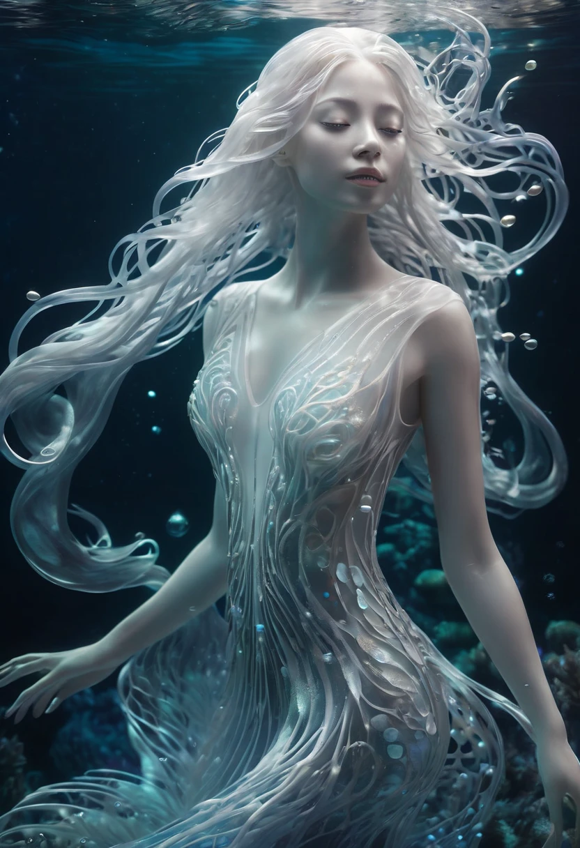 (style underwater background :1.0), A beautiful ethereal underwater creature, long flowing white hair, translucent skin, swirls of dark water, luminescent bubbles, surreal, dreamlike, serene, otherworldly, intricate details, high quality, 8k, photorealistic, masterpiece:1.1), (HD quality:1.1)(best quality:1.1),