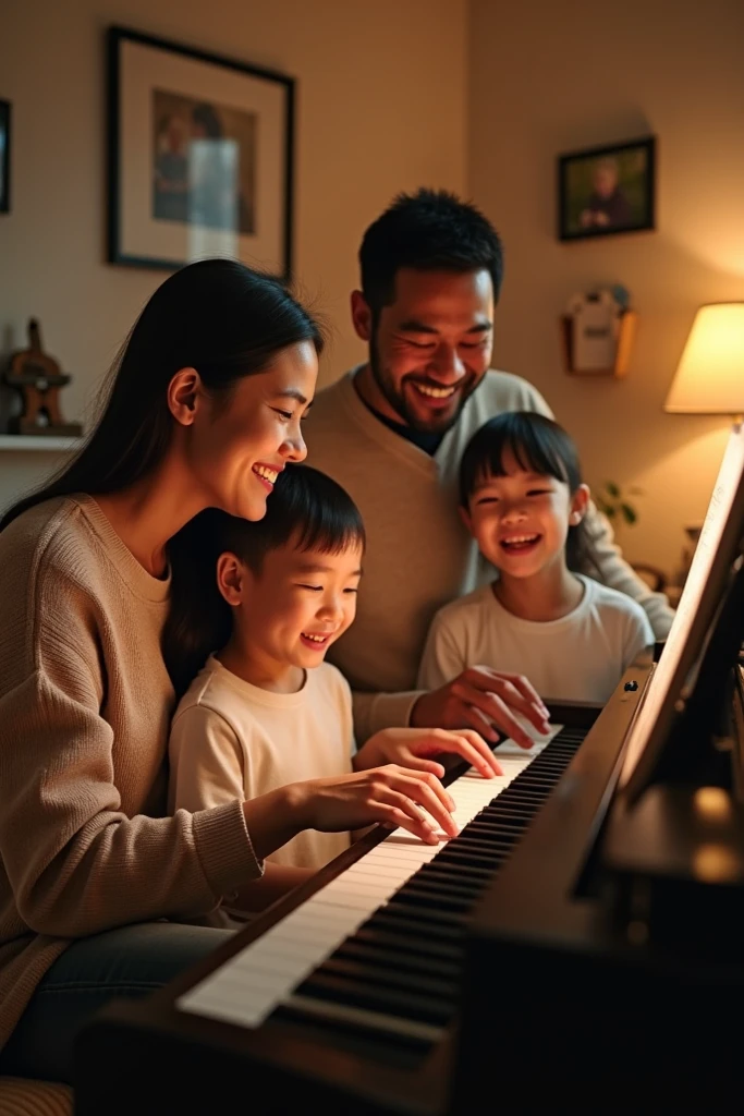 The whole family，Play the piano，Laugh happily