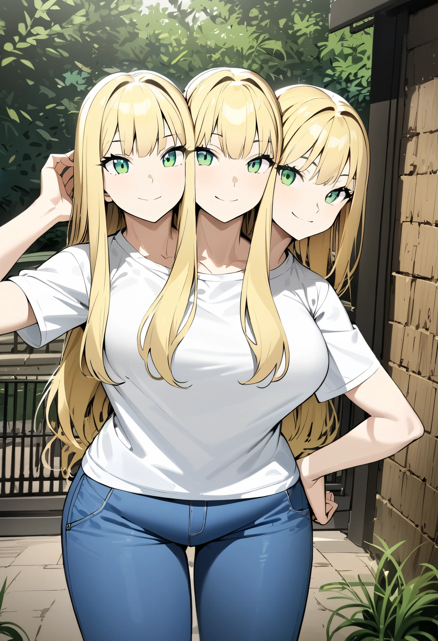 masterpiece, best quality, absurdres, three heads, conjoined, 1girl, blond hair, green eyes, smiling, one hand on hip, white t-shirt, blue pants, standing outside in front of a zoo exhibit