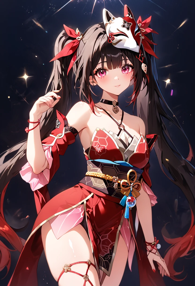 ((best quality, amazing quality, very aesthetic, highres, incredibly absurdres, retouched, smooth lines, excellent color,shiny skin )), sparkle_(honkai:_star_rail)  ,twintails, hair ornament, off shoulder kimono, mask on head, detached sleeves, choker, obi, single glove, cross-laced sandals, wristband, criss-cross halter, thigh strap
,looking at viewer