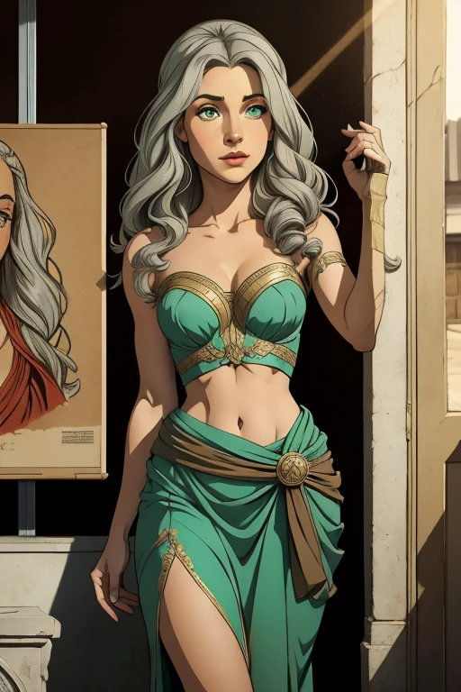  An illustrated movie poster , hand drawn, , full color ,  A young girl ,  wearing a chiton ,  resembles Mathilde Lando, warm brown skin, Jade Green Eyes , GREY hair, long loose curls, waist-length hair,  posing on a pedestal , hard shadows,  graphite shading ,  stencil marks ,  airbrushed acrylic paint , masterpiece,  in the style of Game of Thrones 