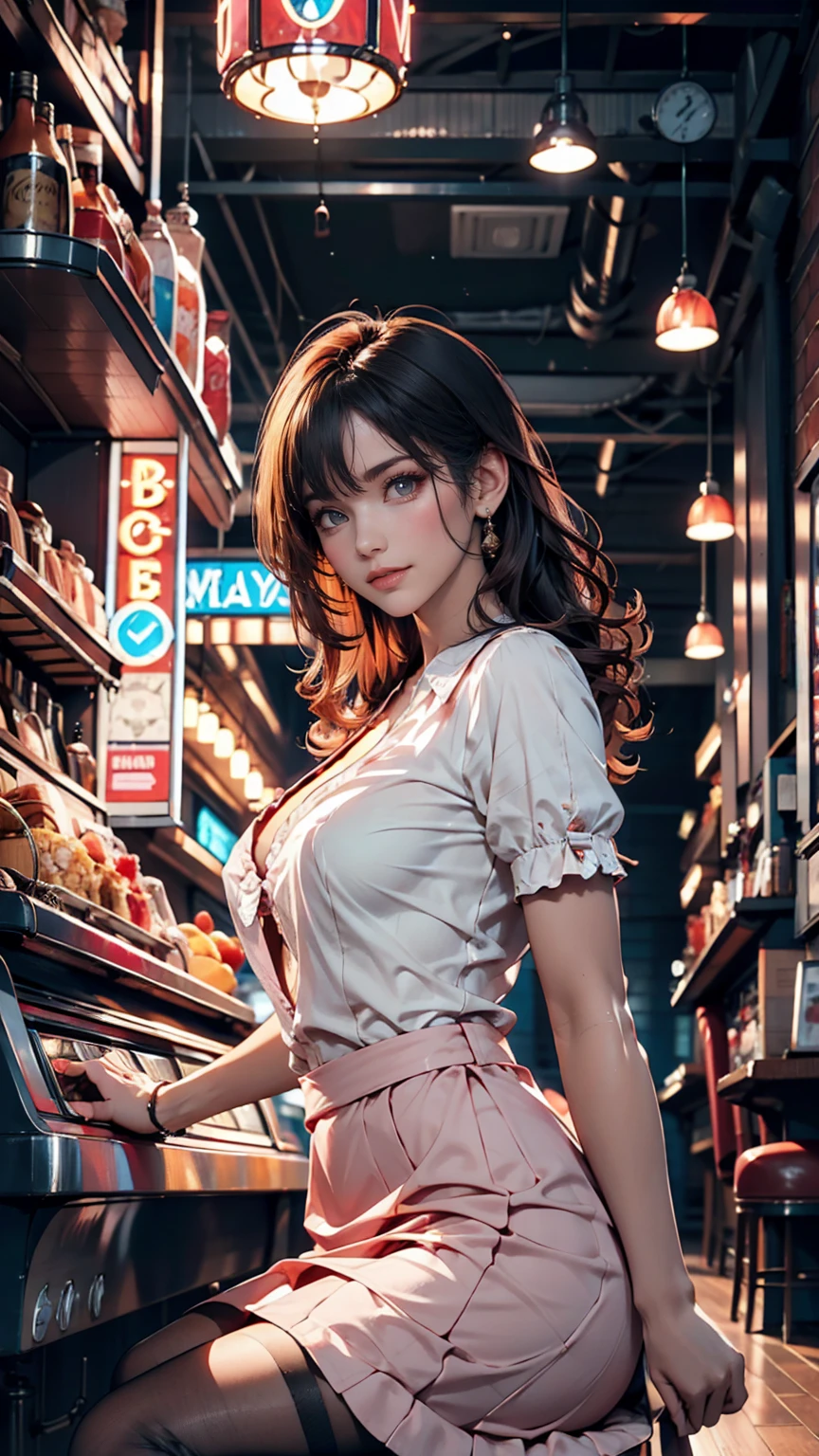 Beautiful girl working part-time at a gas station in a red bikini with brown hair up style