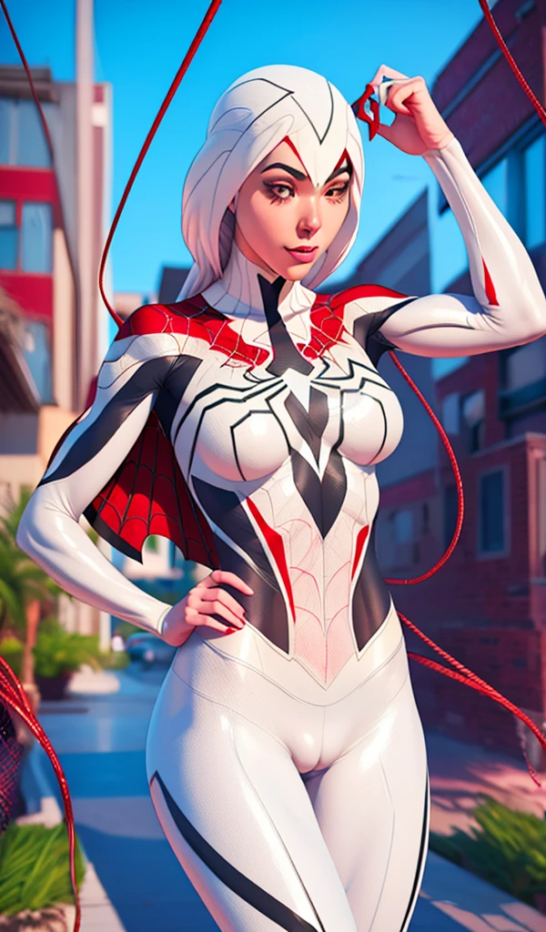 spider - woman in white costume with red and black spider - webs, spider gwen, extremely detailed artgerm, highly detailed exquisite fanart, glowing veins of white, cables on her body, white shiny skin, ( ( spiderwoman ) ), spider - gwen, spider-gwen, spider woman, 3 d render character art 8 k, shiny white skin