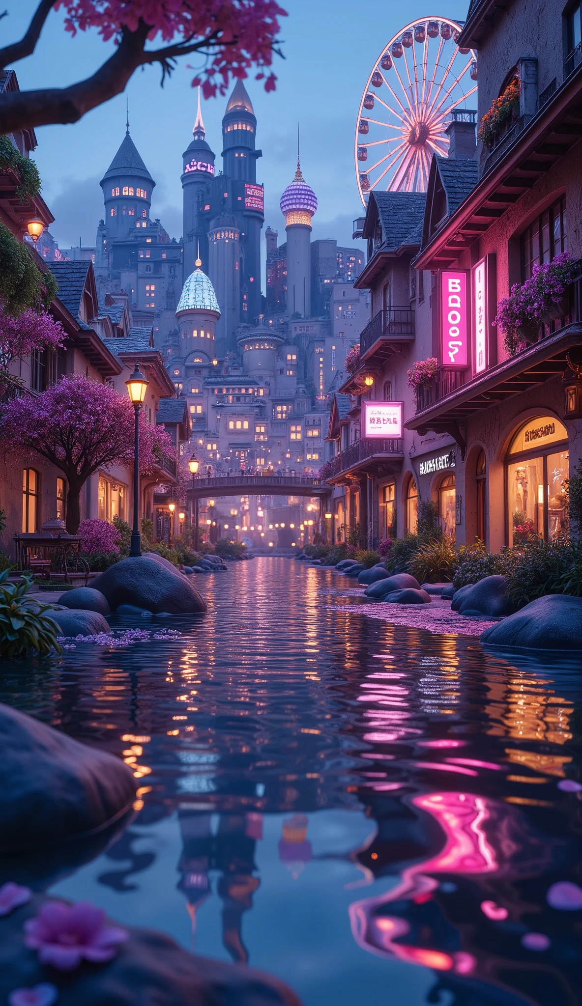 (masterpiece:1.2, best quality, ultra high resolution, Very detailed, best illustrations),8k, wallpaper,The city reflected on the surface of the water,(水面に移る Cyberpunkな都市:2.0),( Isometric 3D Illustration :2.0),Game world,( steampunk:2.0),( Cyberpunk:2.0),anime, searchlight ,neon,night,The giant ferris wheel that shines in seven colors,Japan, Blade Runner , STYLISH,( Rainbow Colors :2.0),port,Yokohama