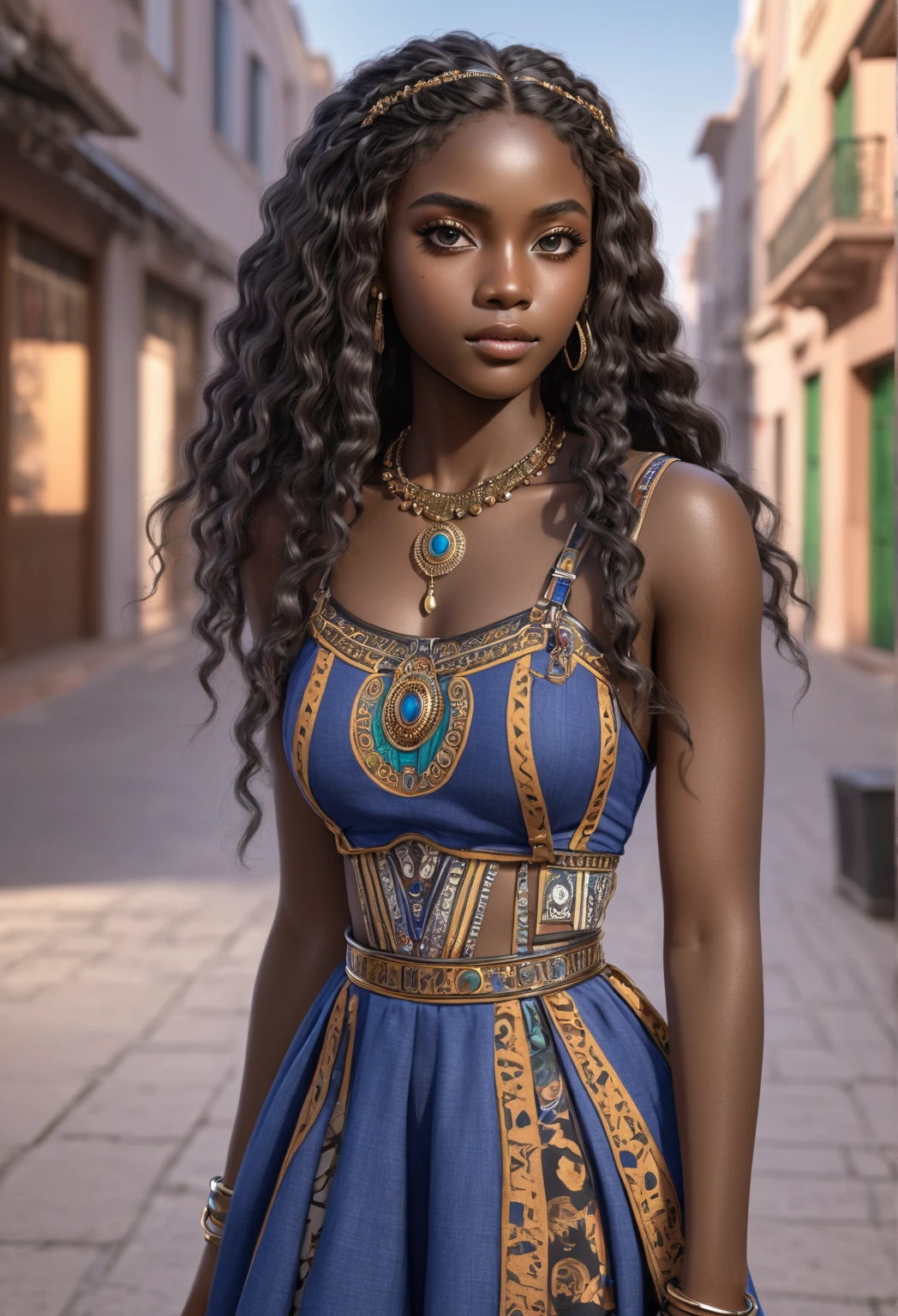 1girl, african girl, 18 years old, long wavy hair, detailed black eyes, beautiful lips, skinny, tattoos, old school fashion, intricate details, high quality, photorealistic, cinematic lighting, dynamic pose, warm color tones, accurate eyes, realistic detailed eyes, realistic skin texture, high quality, photorealistic, extremely detailed, high resolution, 8k, full body view, casual photo, sharp focus, depth of field, 8k photo, HDR, professional lighting, taken with Canon EOS R5, 75mm lens