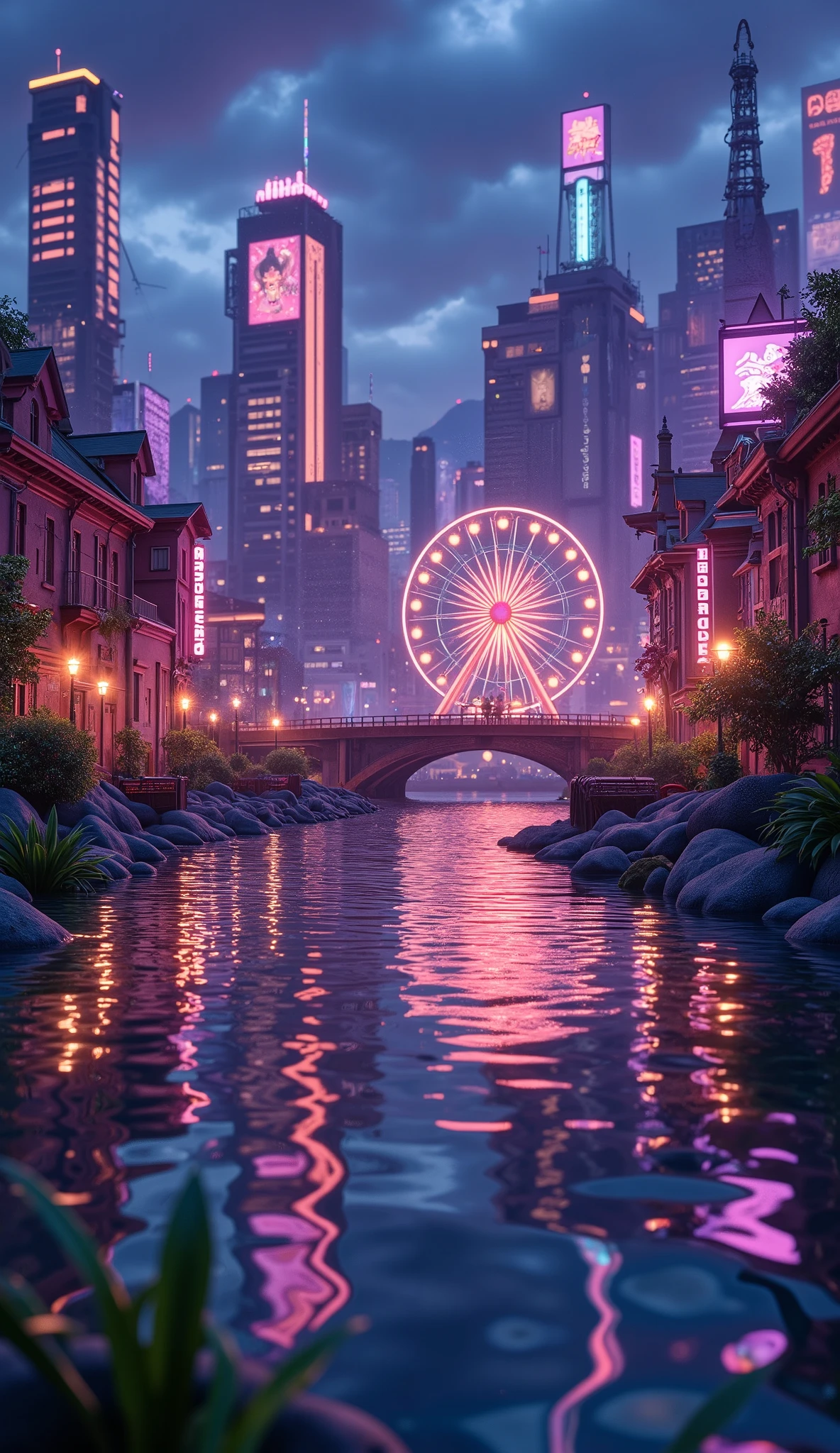 (masterpiece:1.2, best quality, ultra high resolution, Very detailed, best illustrations),8k, wallpaper,The city reflected on the surface of the water,(水面に移る Cyberpunkな都市:2.0),( Isometric 3D Illustration :2.0),Cute design,Game world,( steampunk:2.0),( Cyberpunk:2.0),anime, searchlight ,neon,night,Ferris Wheel,Japan, Blade Runner 