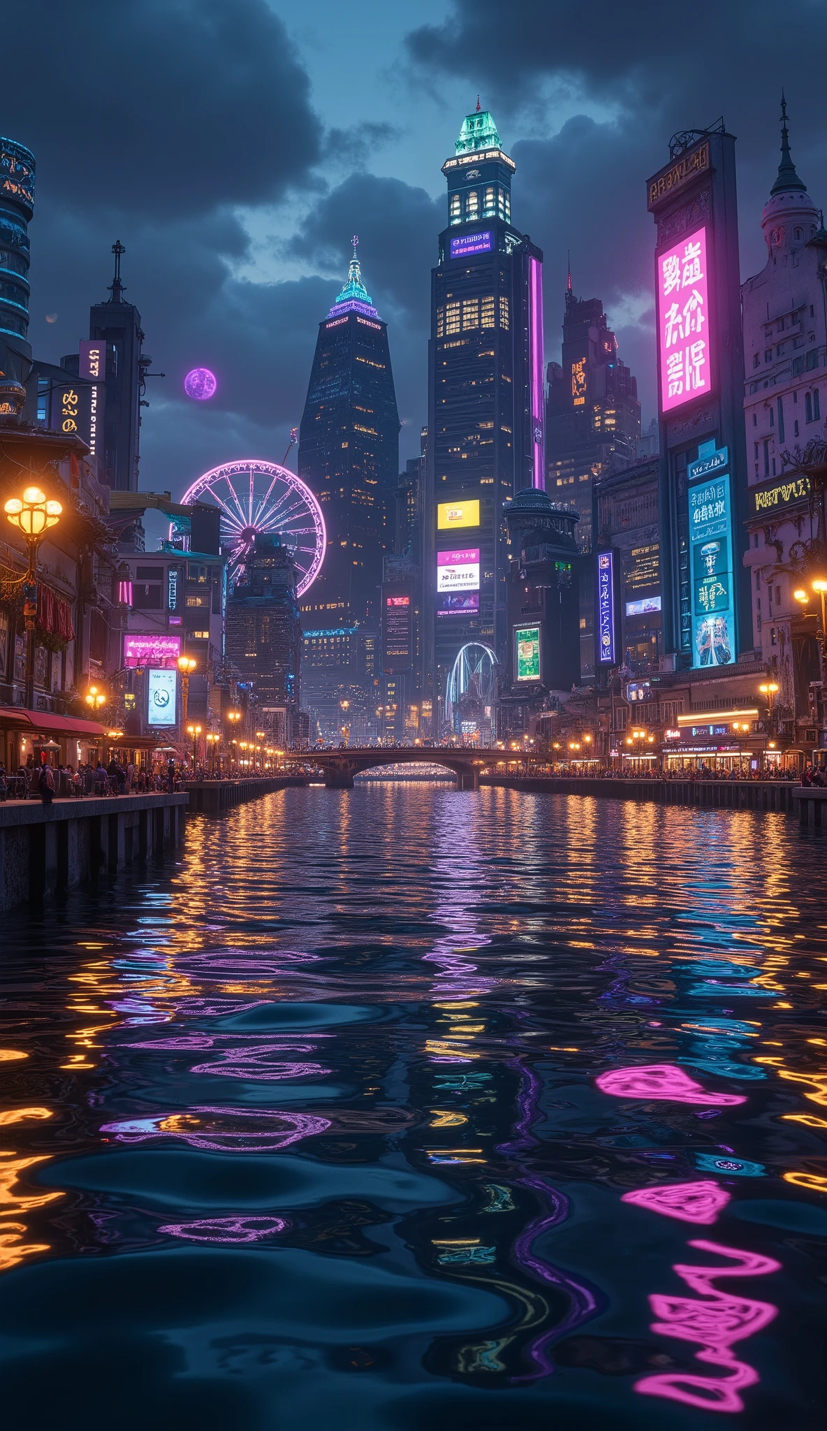 (masterpiece:1.2, best quality, ultra high resolution, Very detailed, best illustrations),8k, wallpaper,The city reflected on the surface of the water,(水面に移る Cyberpunkな都市:2.0),( Isometric 3D Illustration :2.0),Game world,( steampunk:2.0),( Cyberpunk:2.0),anime, searchlight ,neon,night,The giant ferris wheel that shines in seven colors,Japan, Blade Runner , STYLISH,( Rainbow Colors :2.0),port,Yokohama