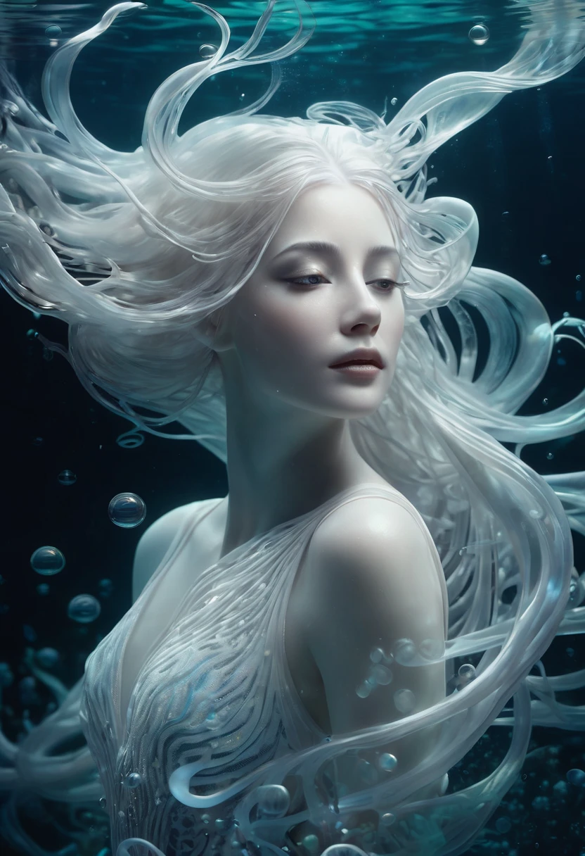 (style underwater background :1.0), A beautiful ethereal underwater creature, long flowing white hair, translucent skin, swirls of dark water, luminescent bubbles, surreal, dreamlike, serene, otherworldly, intricate details, high quality, 8k, photorealistic, masterpiece:1.1), (HD quality:1.1)(best quality:1.1),