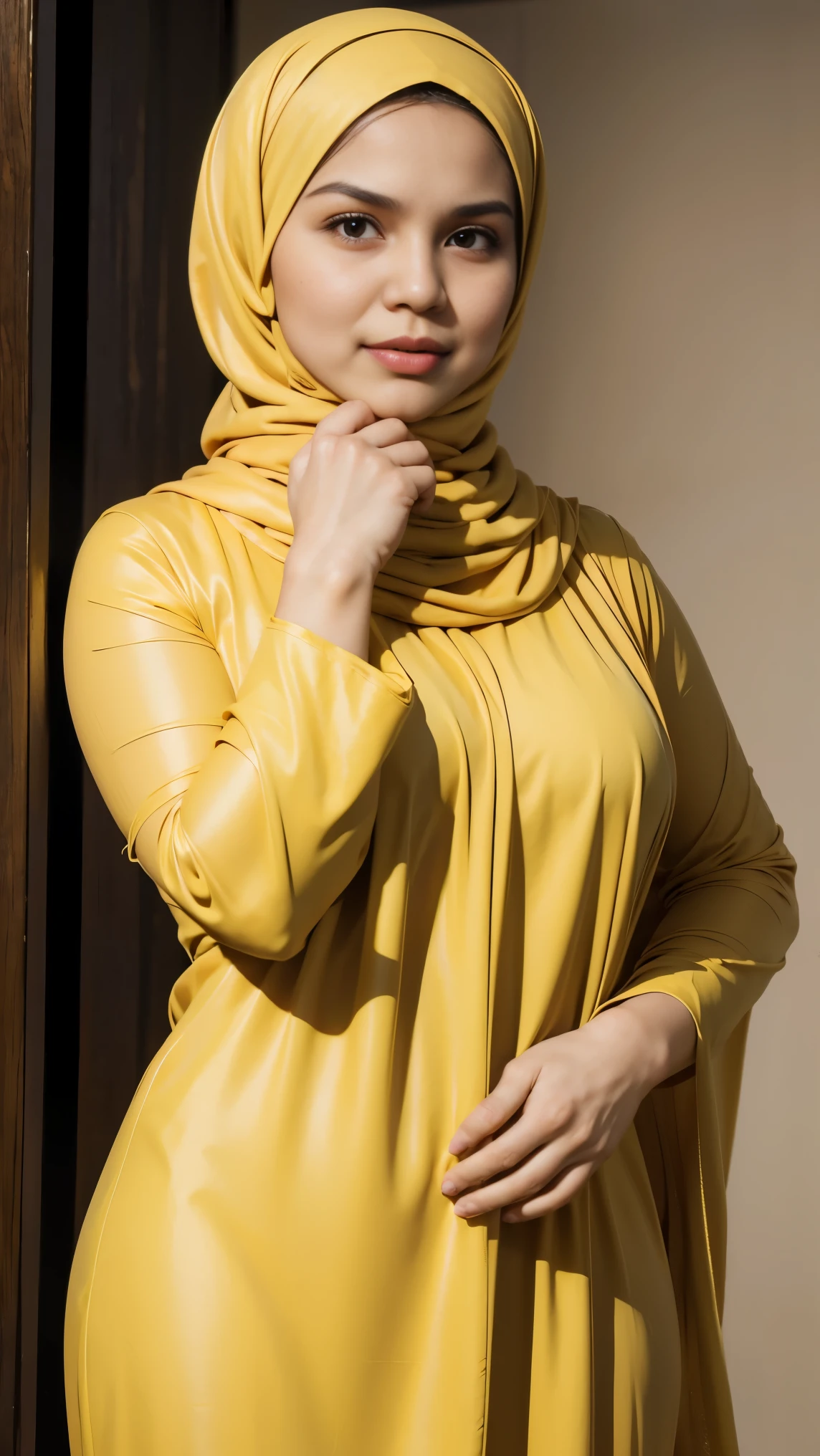 gravure, from the chest up, masutepiece, Best Quality, Ultra-detailed, Photorealistic, super detailed skin, Perfect Anatomy, (1 Malaysian), (Solo), 84 years old, Large breasts, Malaysian Hijab actress, nudes yellow, glamor, A sexy, Chromo-white skin, Looking at Viewer