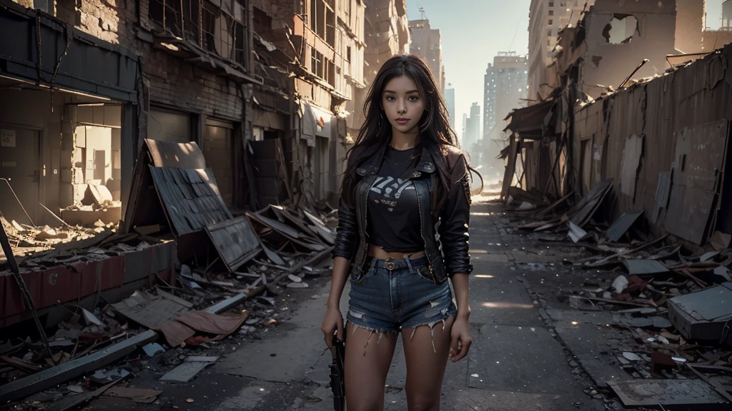 masterpiece, high resolution ,8K,(Portrait Photos:1.5),(R Original Photo),Reality,Digital Photography,(Apocalyptic ruins ),City ruins，beautiful 20 year old woman，sentry， post-apocalyptic scene，Medium distance photography， torn clothes 