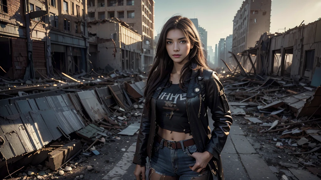 masterpiece, high resolution ,8K,(Portrait Photos:1.5),(R Original Photo),Reality,Digital Photography,(Apocalyptic ruins ),City ruins，beautiful 20 year old woman，sentry， post-apocalyptic scene，Medium distance photography， torn clothes 