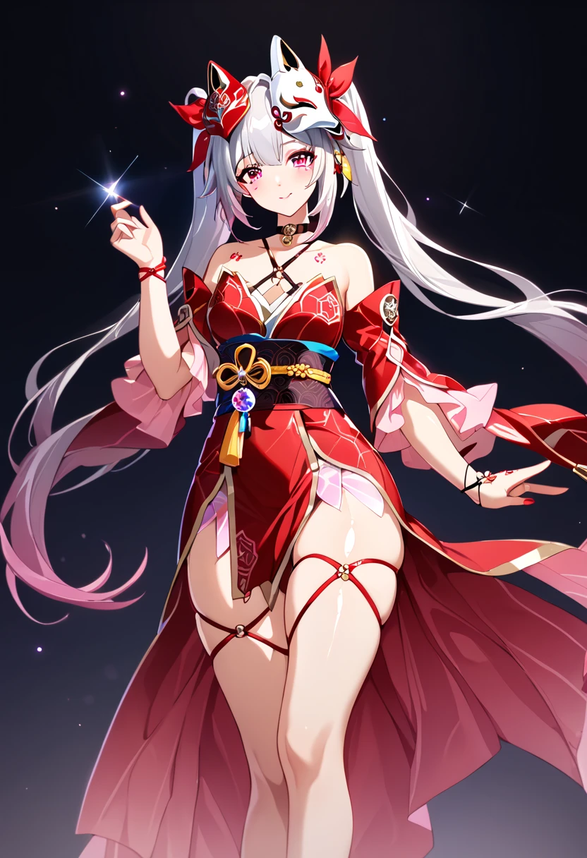 ((best quality, amazing quality, very aesthetic, highres, incredibly absurdres, retouched, smooth lines, excellent color,shiny skin )), sparkle_(honkai:_star_rail)  ,twintails, hair ornament, off shoulder kimono, mask on head, detached sleeves, choker, obi, single glove, cross-laced sandals, wristband, criss-cross halter, thigh strap
,looking at viewer