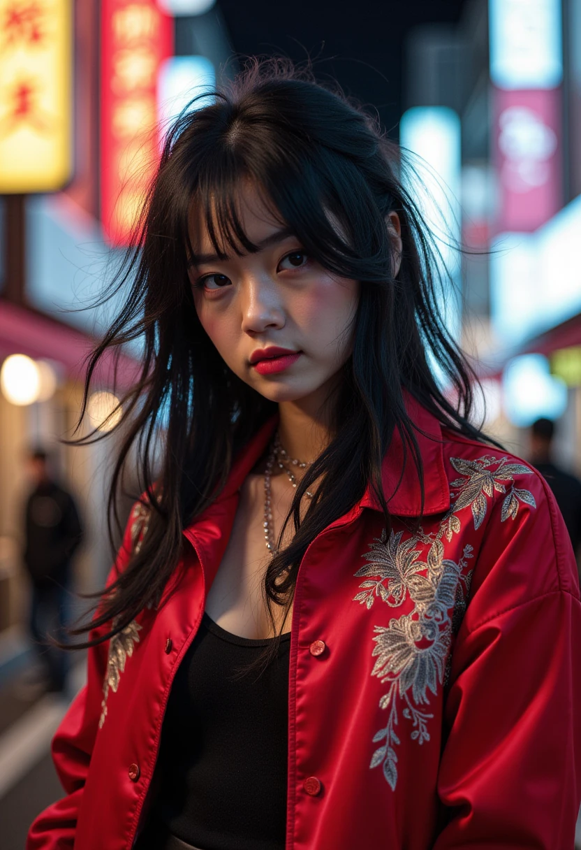 sukajan, Photo of a woman wearing sukajan jacket, red jacket, long black hair, messy hair, Tokyo background, neon light.2 vibe