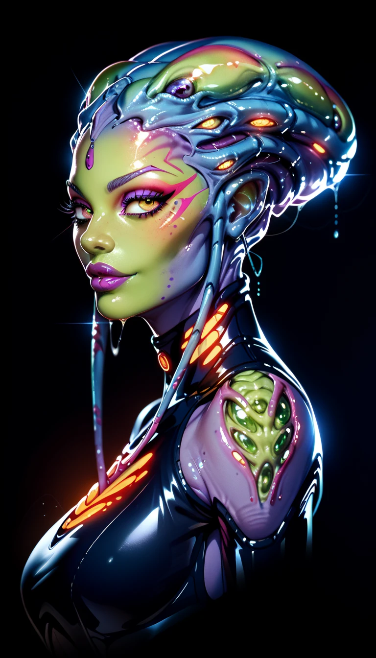 Ancient Extraterrestrial Creature, Alien Being, ((Non-Human)), Female seductive Alien, colorful skin, Revealing Glowing Biopunk, Futuristic Alien clothes, Seductive Alien technology, Black Background, Character Design Sheet