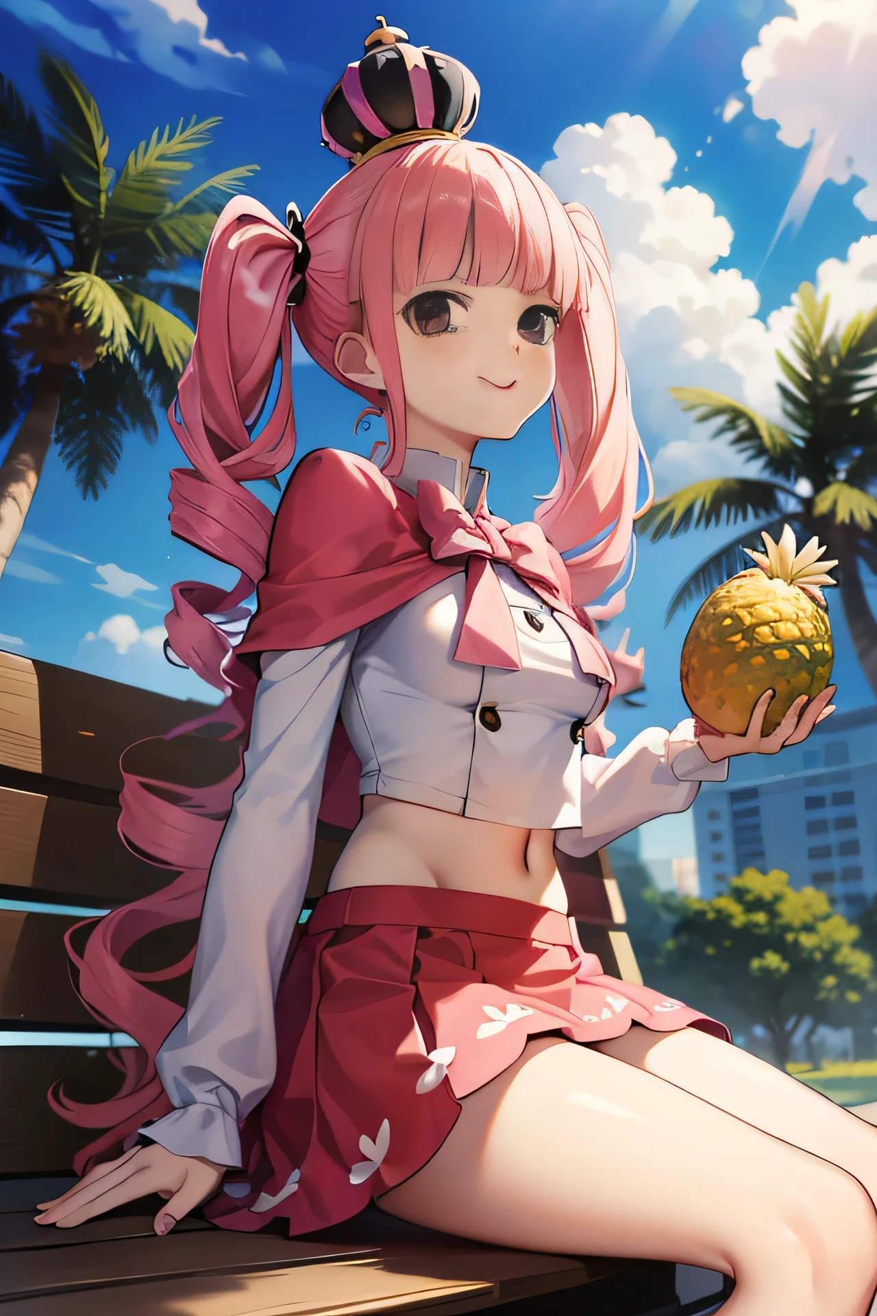 masterpiece, best quality, 32k, high resolution, absurdres, medium breasts, (curvy), cute, eyelashes, vivid colors, BREAK ,,, zzPerona, black eyes, long hair, twintails, pink hair, blunt bangs, drill hair, crown, capelet, skirt, shirt, red capelet, striped, crop top, long sleeves, bow, sitting on bench, side view, smile, looking at viewer, cowboy shot, ,,, zzDelfinoPlaza, sky, day, cloud, blue sky, building, palm tree, small house, small fruit stand, pineapples, coconuts,