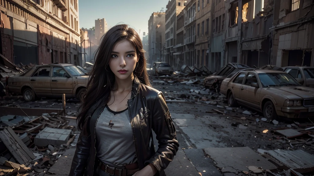 masterpiece, high resolution ,8K,(Portrait Photos:1.5),(R Original Photo),Reality,Digital Photography,(Apocalyptic ruins ),City ruins，beautiful 20 year old woman，sentry， post-apocalyptic scene，Medium distance photography， torn clothes 